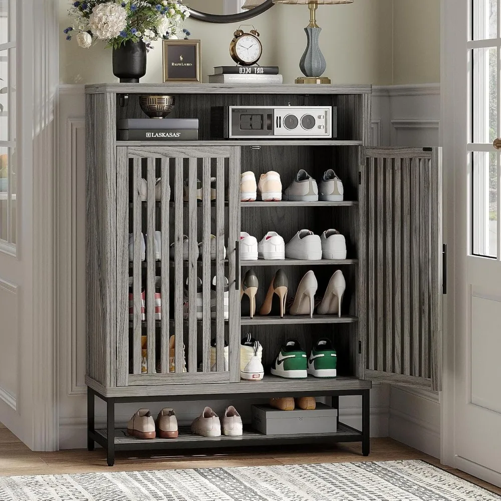 

Shoe Cabinet with 2 Ventilated Grille Style Doors, 6-Tier Shoe Storage Cabinet with Adjustable Shelves, Metal Handles and Legs