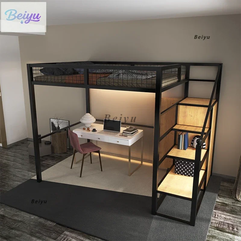 

Nordic wrought iron bed under the table elevated apartment space saving upper and lower iron frame small apartment