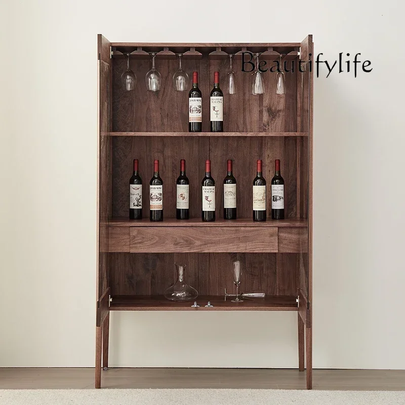 

qU F North American Black Walnut Wine Cabinet Living Room Italian Light Luxury Wall High-grade Solid Wood Glass Door Cabinet