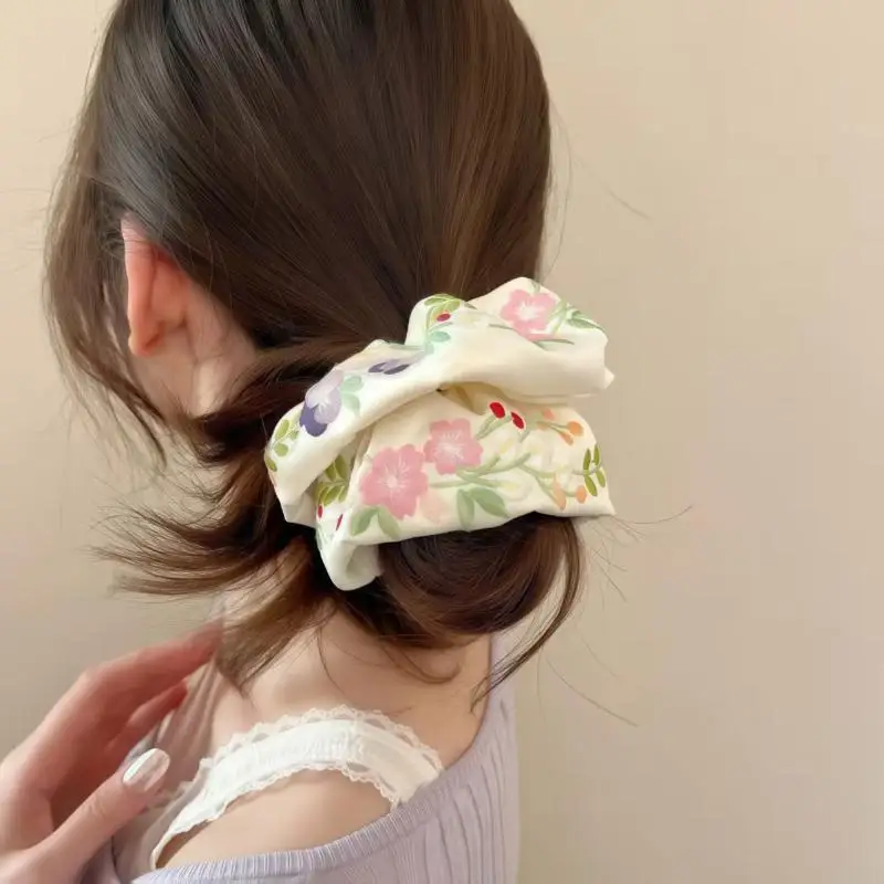 Embroidered Floral Satin Scrunchie Fresh Sweet Elastic Hair Tie Artistic Girl Hairband