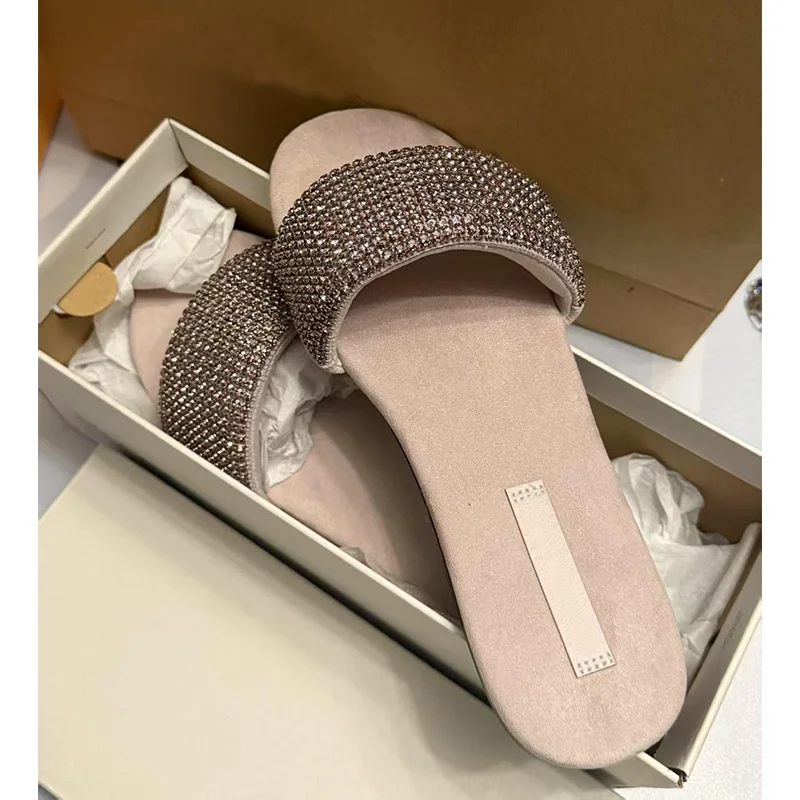 

Женские блестящие хрустальные тапочки, удобные женские сандалии на плоской подошве, повседневная женская обувь, летние шлепанцы, модные роскошные сандалии с открытым носком