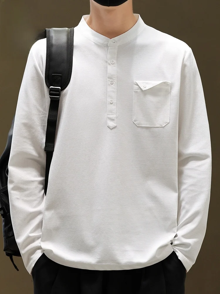 

Мужская футболка с длинным рукавом и воротником хенли, свободного кроя, повседневная, весенняя, новинка 2026 года, трендовая, базовая, удобная, из хлопка и полиэстера