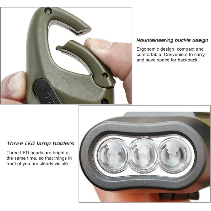 Hand Crank Flashlight Solar Powered Torch Dynamo with Snap Clip for Kids Hurricane Storm Backpacking Trip Outdoor Hiking