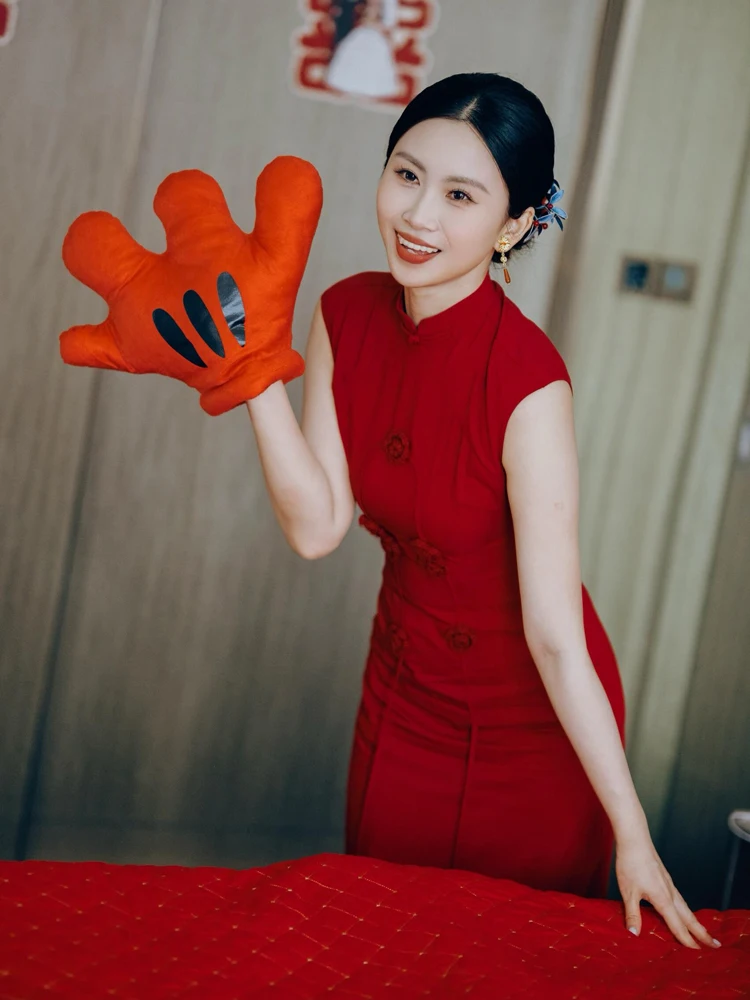 

Красное китайское утреннее платье-халат для женщин, национальный тренд, длинное платье-ципао для помолвки и свадьбы