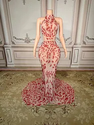 Fashion Design Crystals Transparent Dress Evening Celebrate See Through Mesh Birthday Celebrate Performance Costume