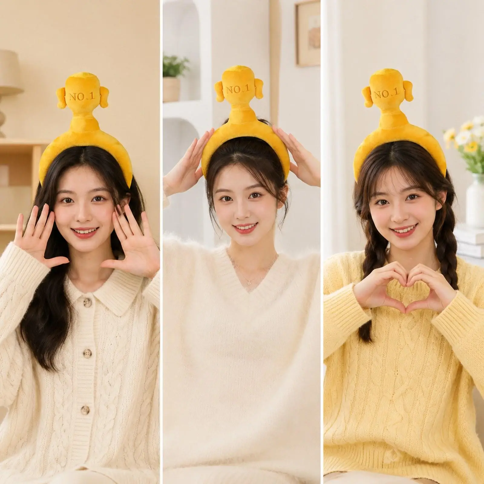 Yellow Trophy Shape Headband Face Wash Makeup Cartoon Headdress Plush Headpiece Headwear Trophy Hair Hoop for Fancy Dress Adults