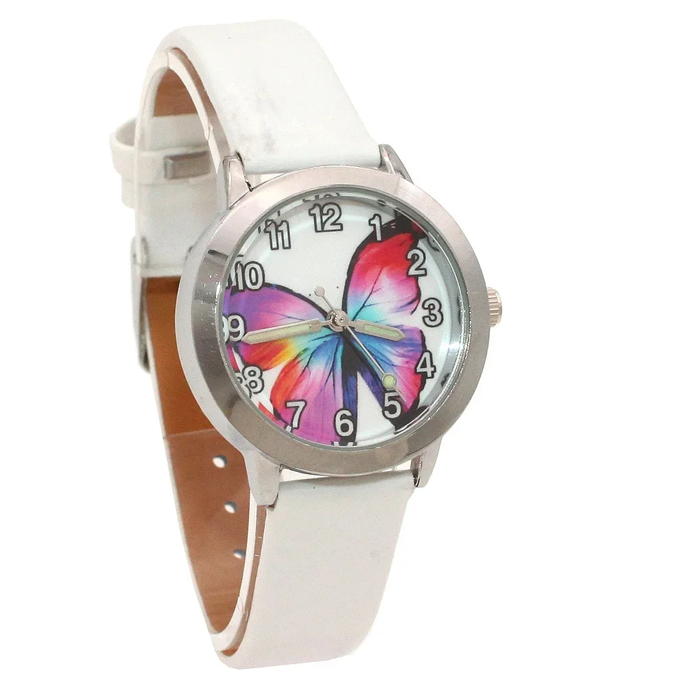 

Girls Leather Quartz Watch Cartoon Butterfly Design Fashion Wristwatch for Children Students Female Watch
