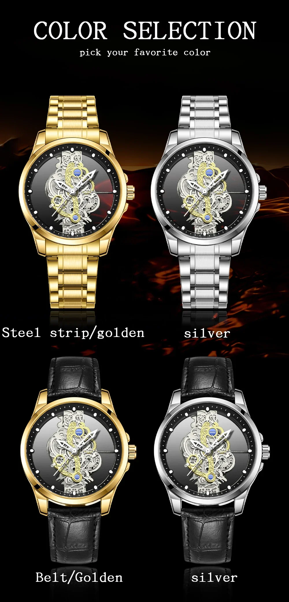 OFNS 7109 ساعة كوارتز رجالية فاخرة موضة الاتجاه شفافة مجوفة مضيئة مقاوم للماء ساعة كوارتز رجالية