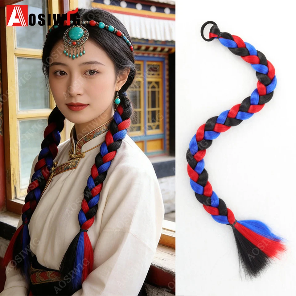 24inch Boho Synthetic Long Straight Elastic Braided Ponytail Extensions Colorful Braid Hairpieces Heat Resistant Hair Accessorie