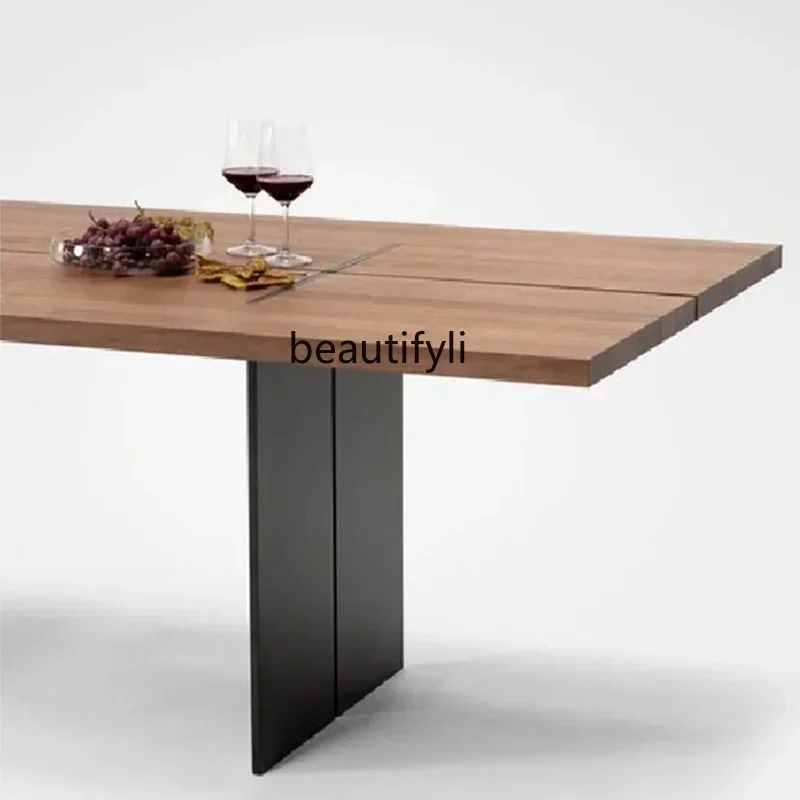 

FF Italian minimalist solid wood dining table ash wood industrial style stainless steel wind household rectangular dining tabl