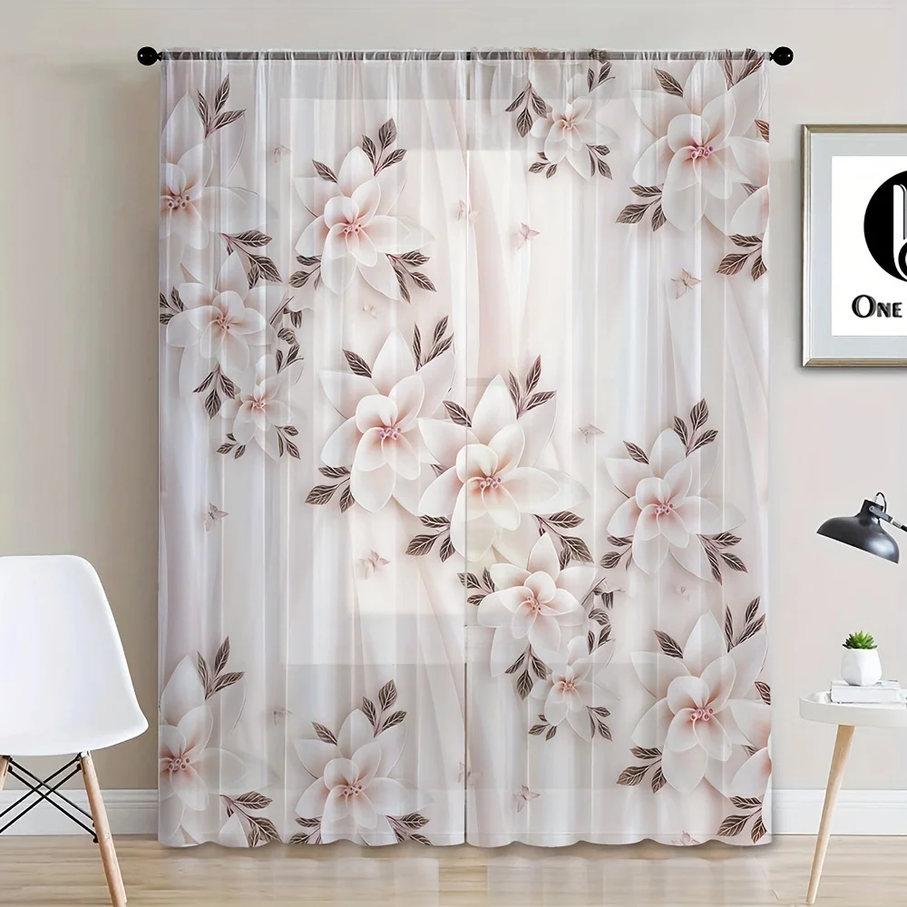 Boho Floral Sheer Curtain Panels for Living Room 2pc Decorative Polyester Door Panel Drapes with Rod Pocket Unlined Clear Window