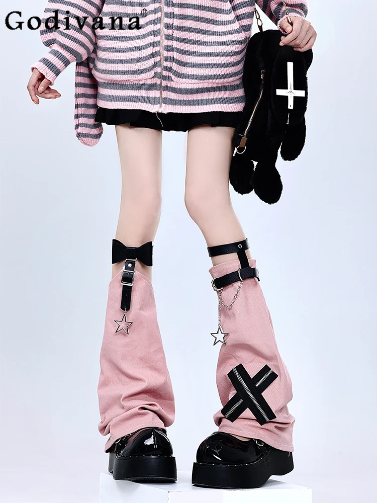 

2024 Summer New Hot Girl Y2k Cross Chain Leather Buckle Leg Warmers Fashion JK Pink Punk Pile Up Socks LegWarmers for Women