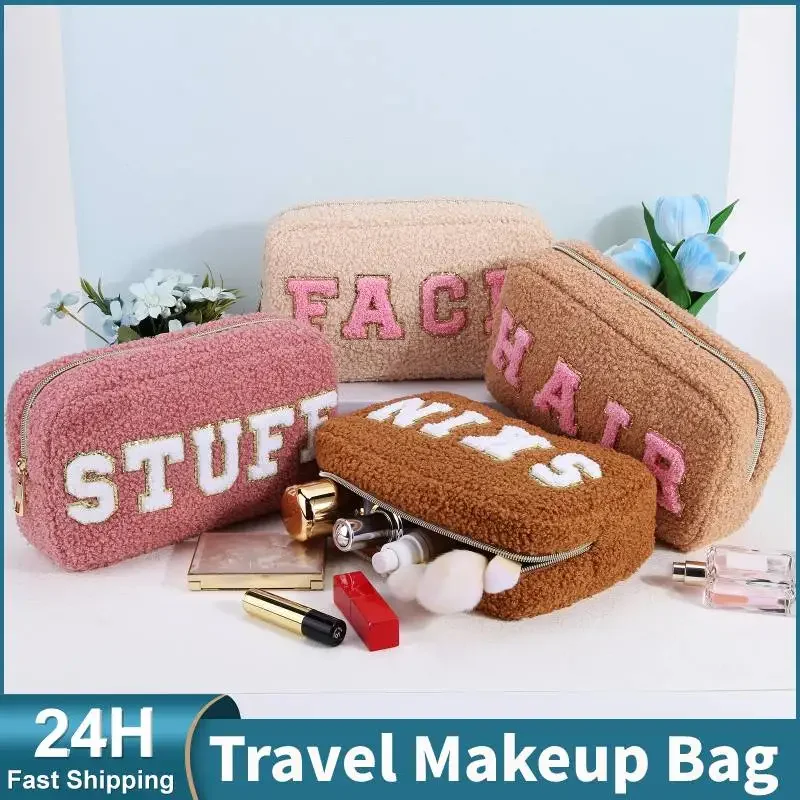 Preppy Plush Makeup Bag Chenille Letter Fluffy Cosmetic Storage Pouch Large-capacity Zippered Travel Toiletry Bag for Women