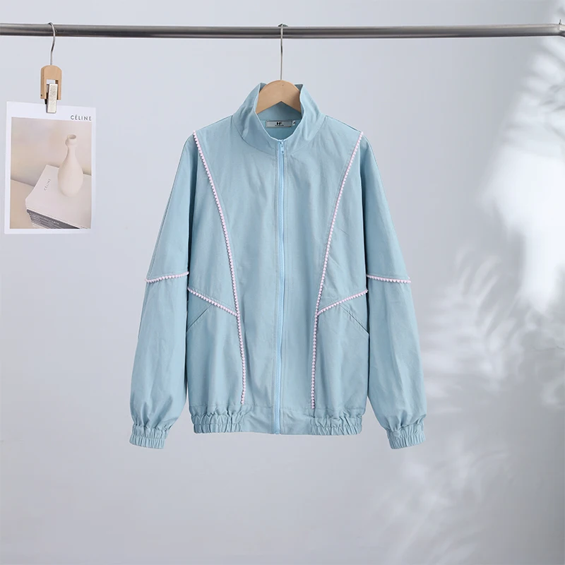 Y2K Damenjacken Mantel mit Streifenbesatz Stehkragen Reißverschluss Oversize Windbreaker Locker Sitzende Streetwear Sportjacke Oberbekleidung Outfit – Detail 3