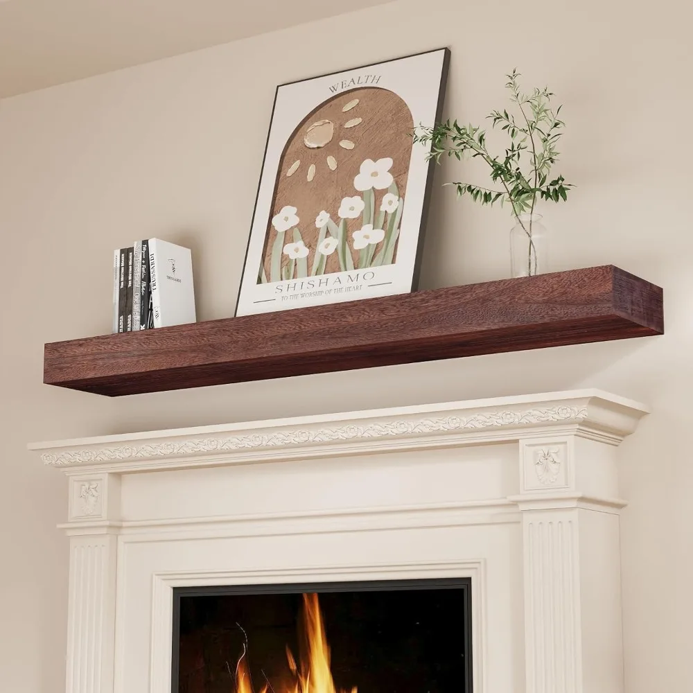 Fireplace Mantel Shelves 55 Inch Solid Wood Wall Mounted Long Floating Shelf Hollow, Brown