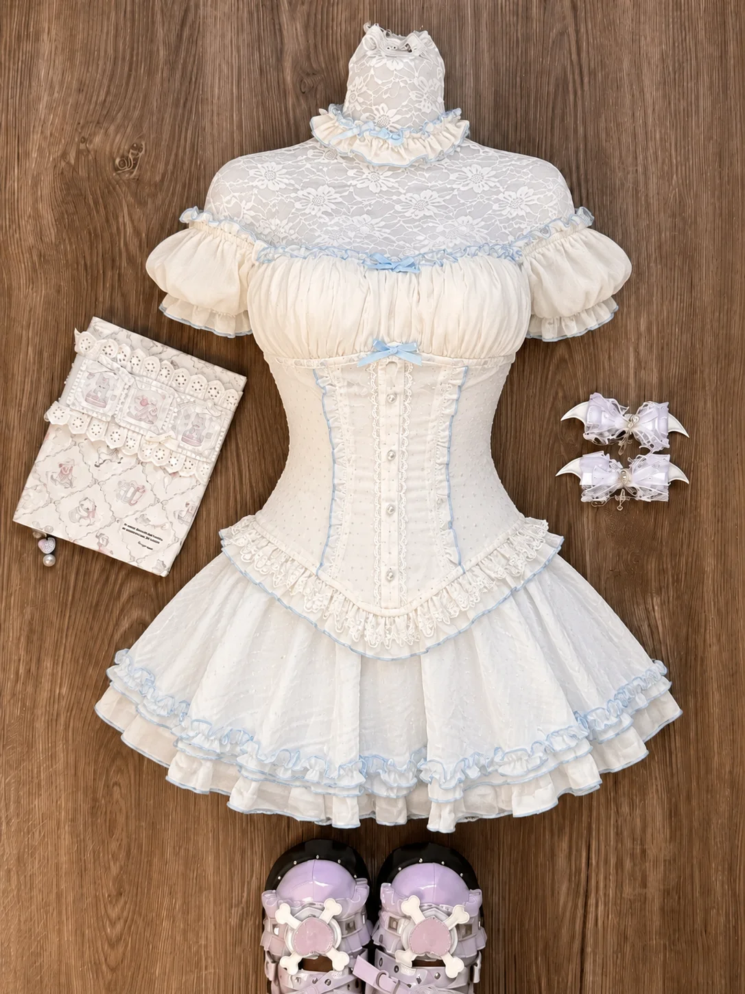 Japanese Sweet Preppy Style Skirt Set Women Kawaii Lace Patchwork Bow Tops + Y2k Plaid Mini Skirt Elegant Outifits 2 Piece Set