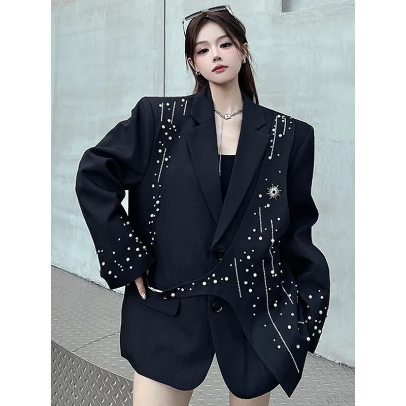 YERMORA Black Irregular Rhinestone Buckle Blazer For Women Lapel Long Sleeve Loose New Jacket Fashion Tide Spring Autumn 2025