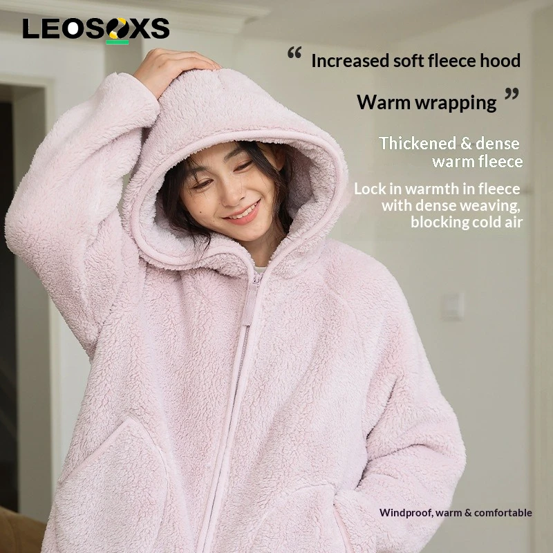 

Thickened Warm Fleece Pajama Set Women's Hooded Home Clothes Soft Fleece Winter Warm Large Size with Pocket Zipper Casual Wear