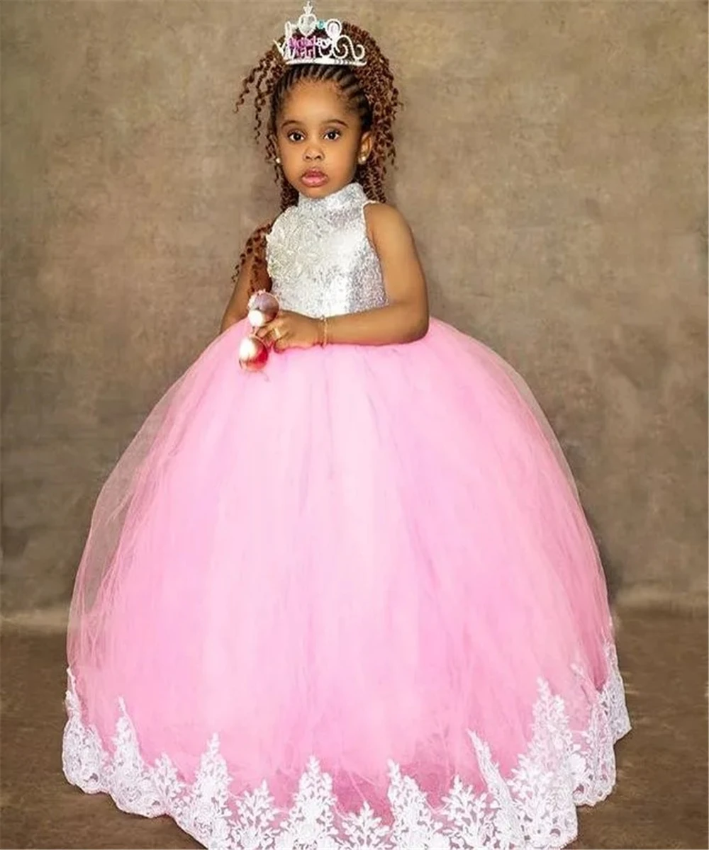 

Lovely Baby Pink Lace Flower Girl Dress Crew Vintage Ball Gown Tulle Little Kids Birthday GIFT Pageant Wedding Dresses