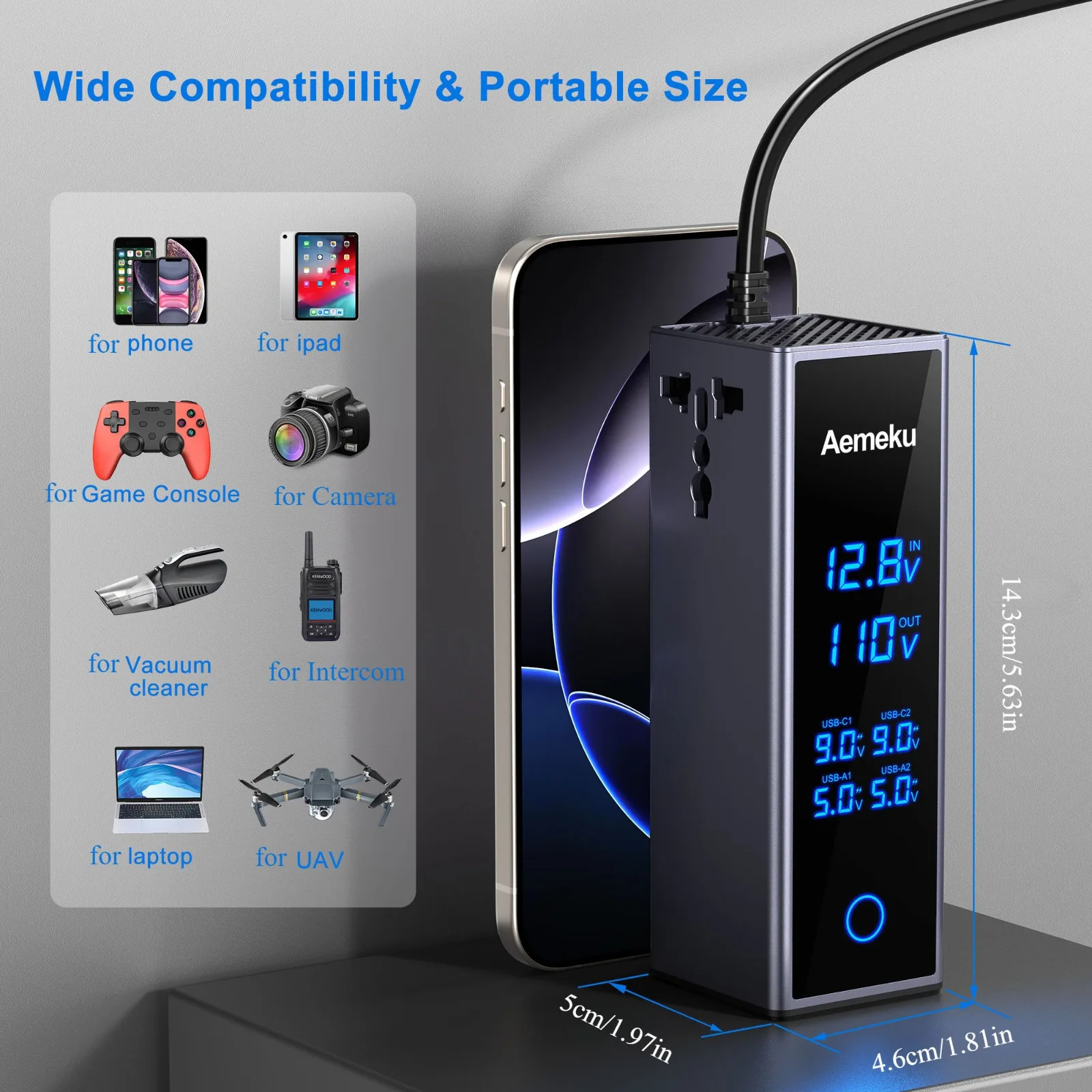 Aemeku 300W Car Inverter DC12V/24V to 220V AC with Touch Screen, PD Fast Charging, Universal Socket & USB Ports