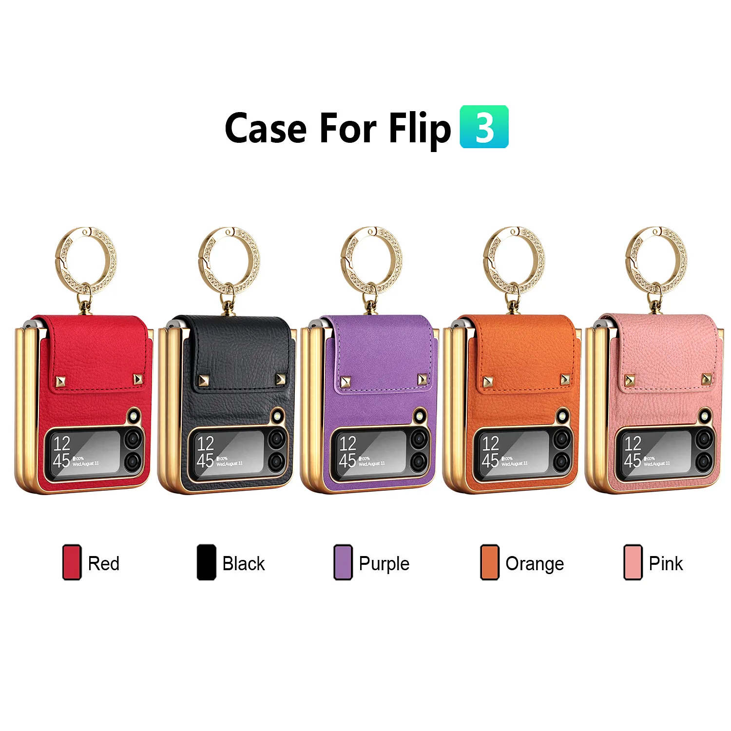 For Samsung Galaxy Z Flip 5 4 3 Plain leather Plating Case For Z Flip5 Flip4 plating Ring Holder Case with Glass Lens Film Cover