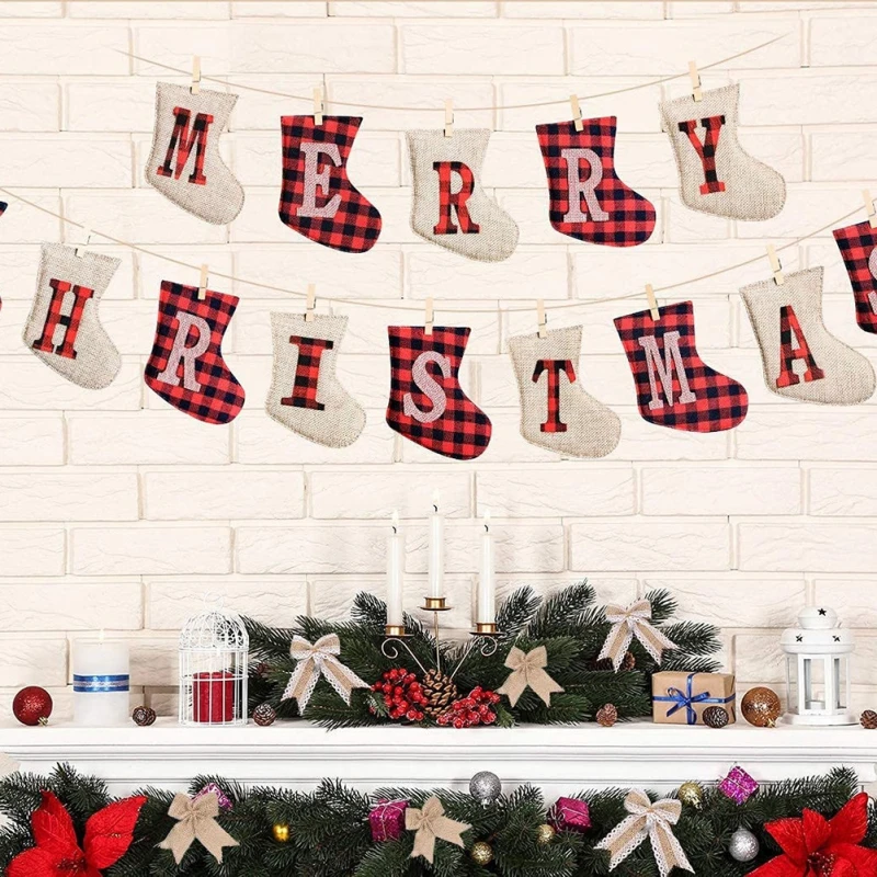 Merry Christmas Burlap Banner Hand-Sewn Stocking Xmas Ornaments Wall Christmas Decoration For Home New Year Hanging Pendants