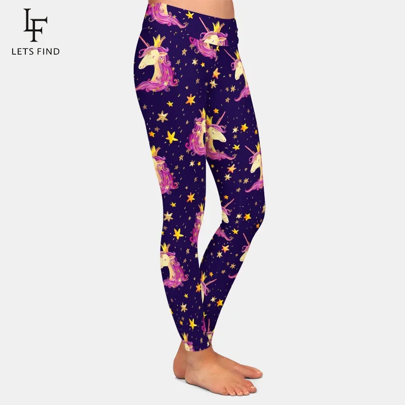 Letsfind push up leggings moda 3d unicórnios e estrelas impressão digital de cintura alta leite impressão de seda feminino leggings confortáveis