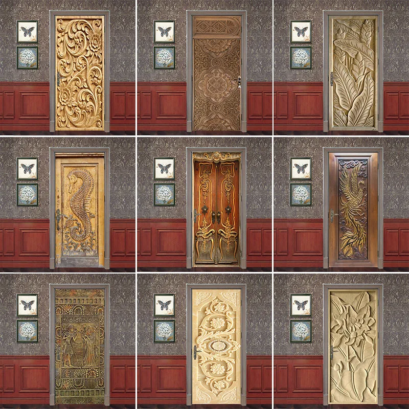 

Vintage carved patterns murals door stickers home stay apartment decoration door covers waterproof vinyl self-adhesive posters