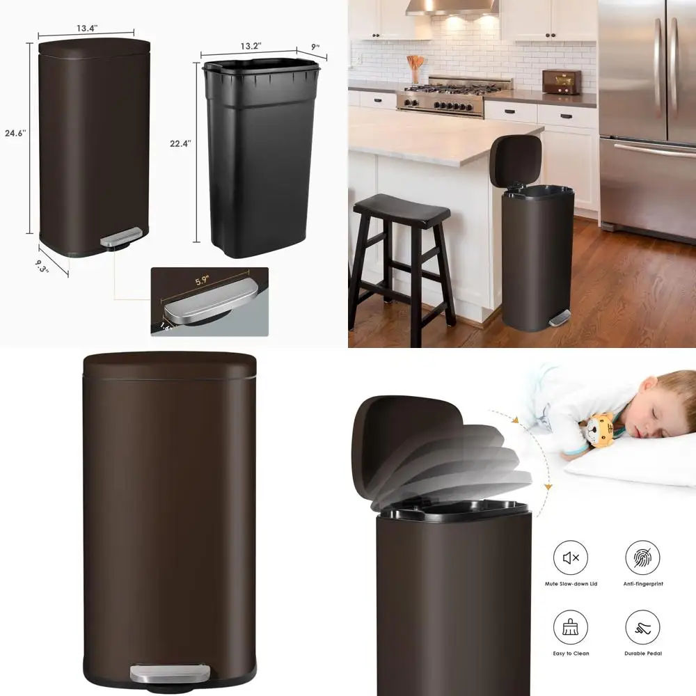

Brown 8 Gallon Stainless Steel Step-On Trash Can with Hinged Lid and Removable Inner Bucket for Kitchen, Bathroom, and Home Use
