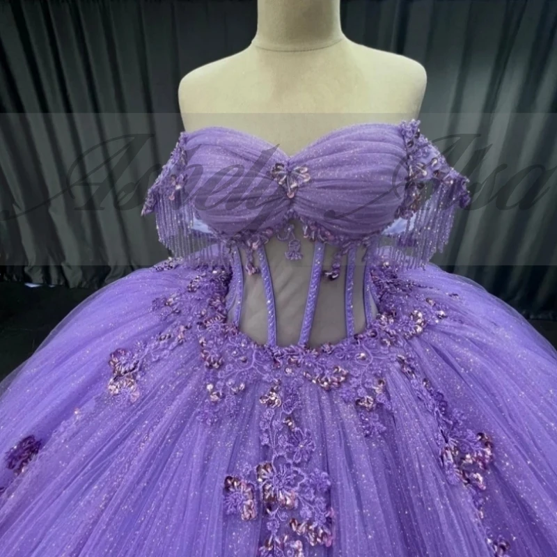 

Luxury Lavender Princess 15 Quinceanera Dress Off Shoulder Bead Applique Ruffle Tulle Puffy Women Prom Birthday Party Customized