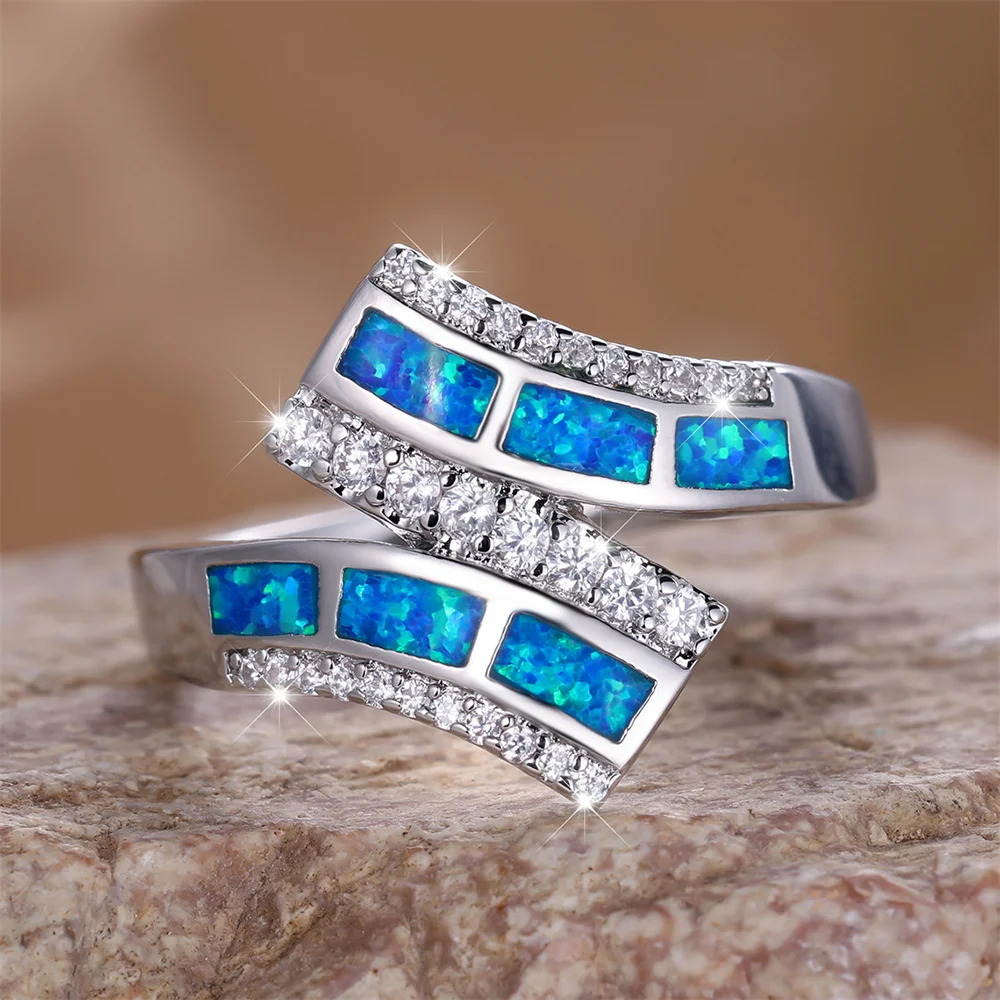 Luxury Crystal White Zircon Geometric Blue Opal Engagement Rings For Women Vintage Silver Color Wedding Band Jewelry Mother Gift