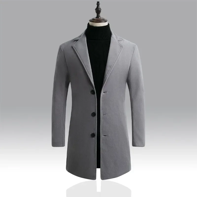 

Men's Long Cotton Woolen Coat 2025 Autumn New Windbreaker Coat Business Fashion Slim Fit Classic Solid Color Woolen Coat