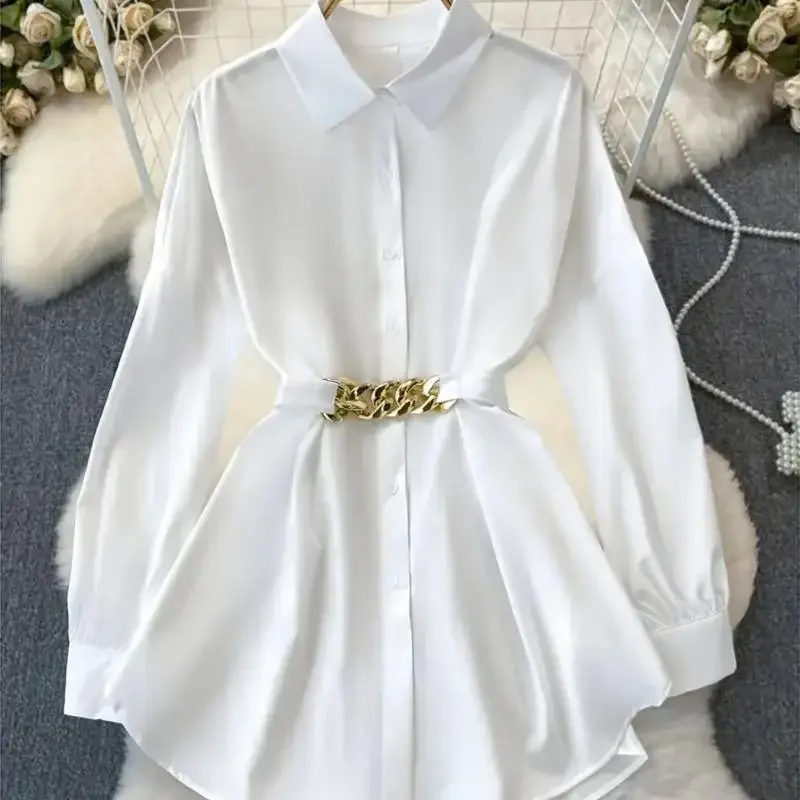 

Trendy women's Shirt French-style cinched waist top 2025 Autumn , light luxury and high-end, youthful white long-sleeved shirt