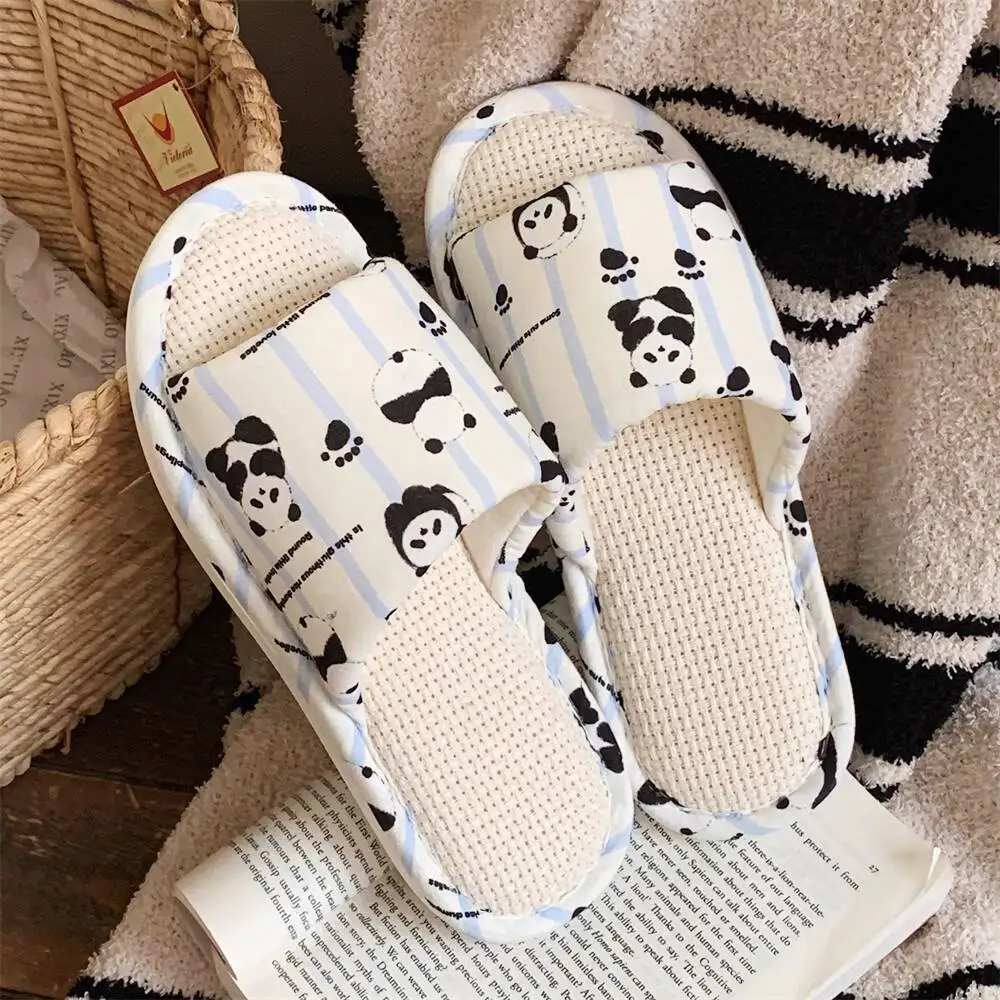 شباشب نسائية من الكتان الباندا الكرتونية للفصول الأربعة متعددة الاستخدامات للطلاب للاستخدام المنزلي شباشب من القطن والكتان ماصة للعرق للهواء #4