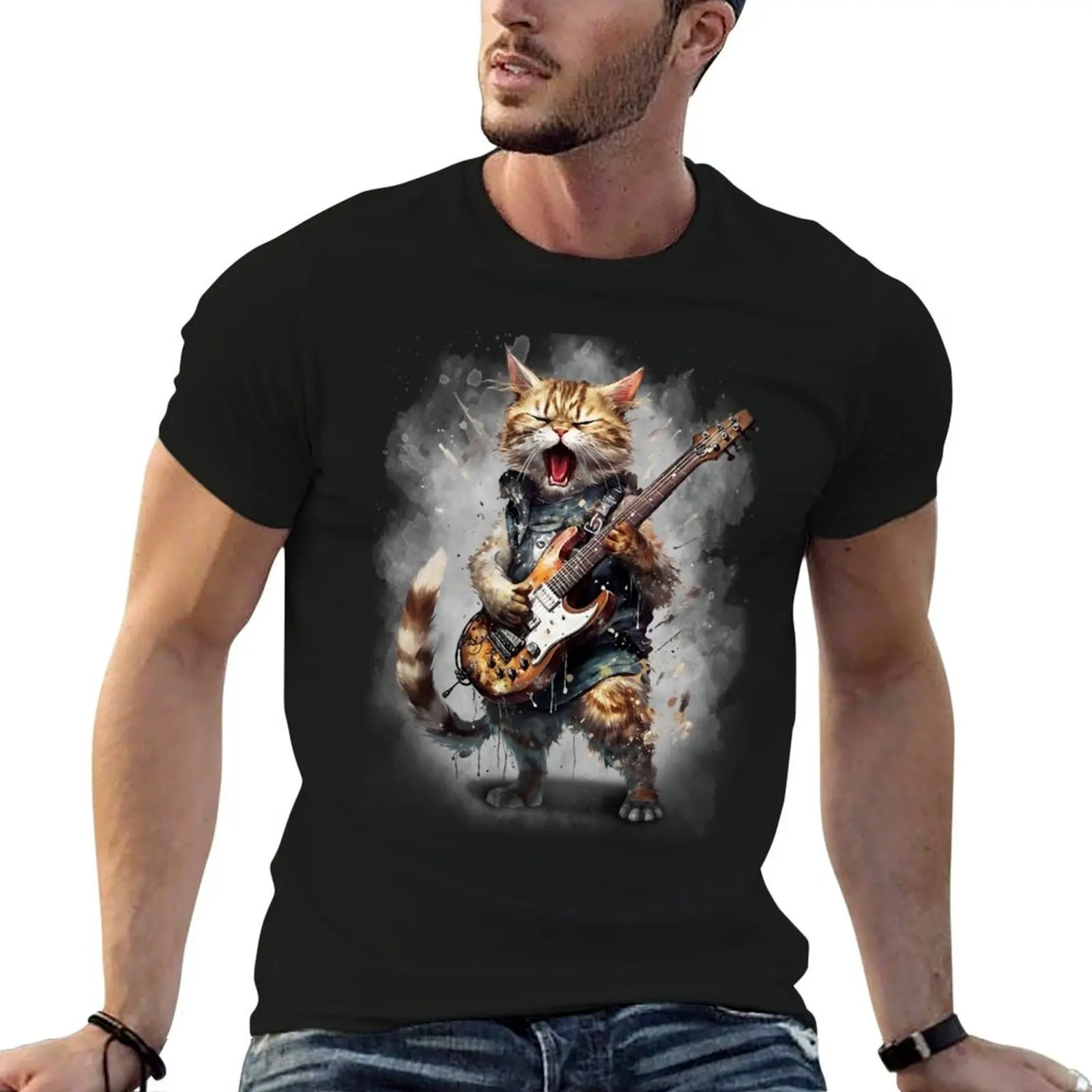 Cat Singing with Electric Guitar T-Shirt quick drying funny gifts Men's clothing