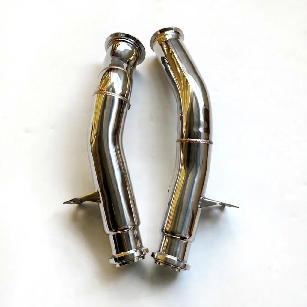 For Mercedes C43 AMG W205 High Performance Downpipe, Polished Stainless Steel With Integrated Heat Shield, Catless Design