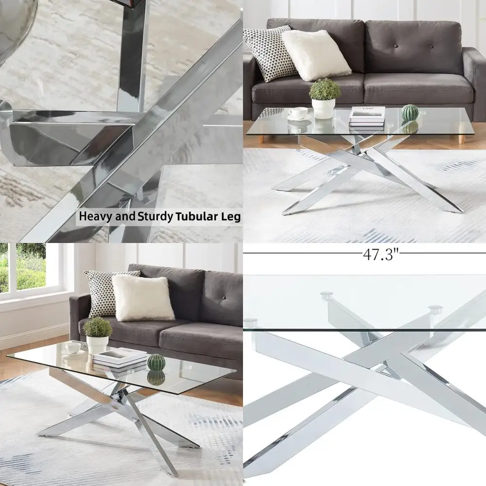 

Modern Silver Tempered Glass Coffee Table with Metal Frame, 47.3L x 23.6W x 18.1H