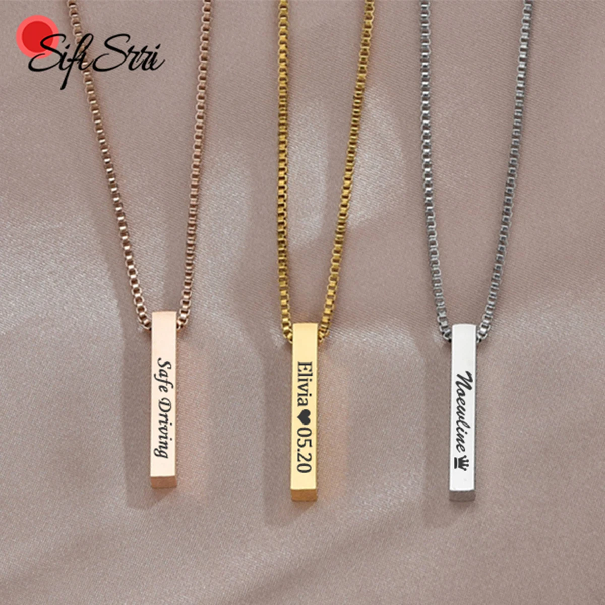 Sifisrri Personalized Engrave 4 Sides Name Bar Necklace for Women Fashion Square Strip Pendant Unisex Birthday Jewelry Gift