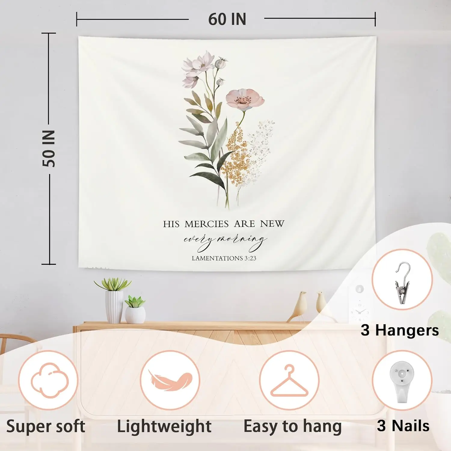 Floral Christian Tapestry Wall Hanging, His Mercies Are New Every Morning Floral Tapestry Decorative, Bible Verse Wall Blanket