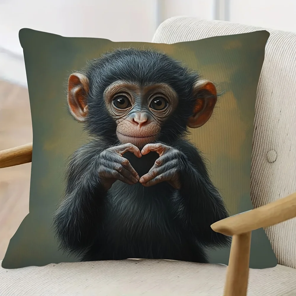 Retro Monkey Heart Gesture Double-Sided Pillowcase, Cute Animal Portrait Cushion Cover with Zipper, Washable Decor Case