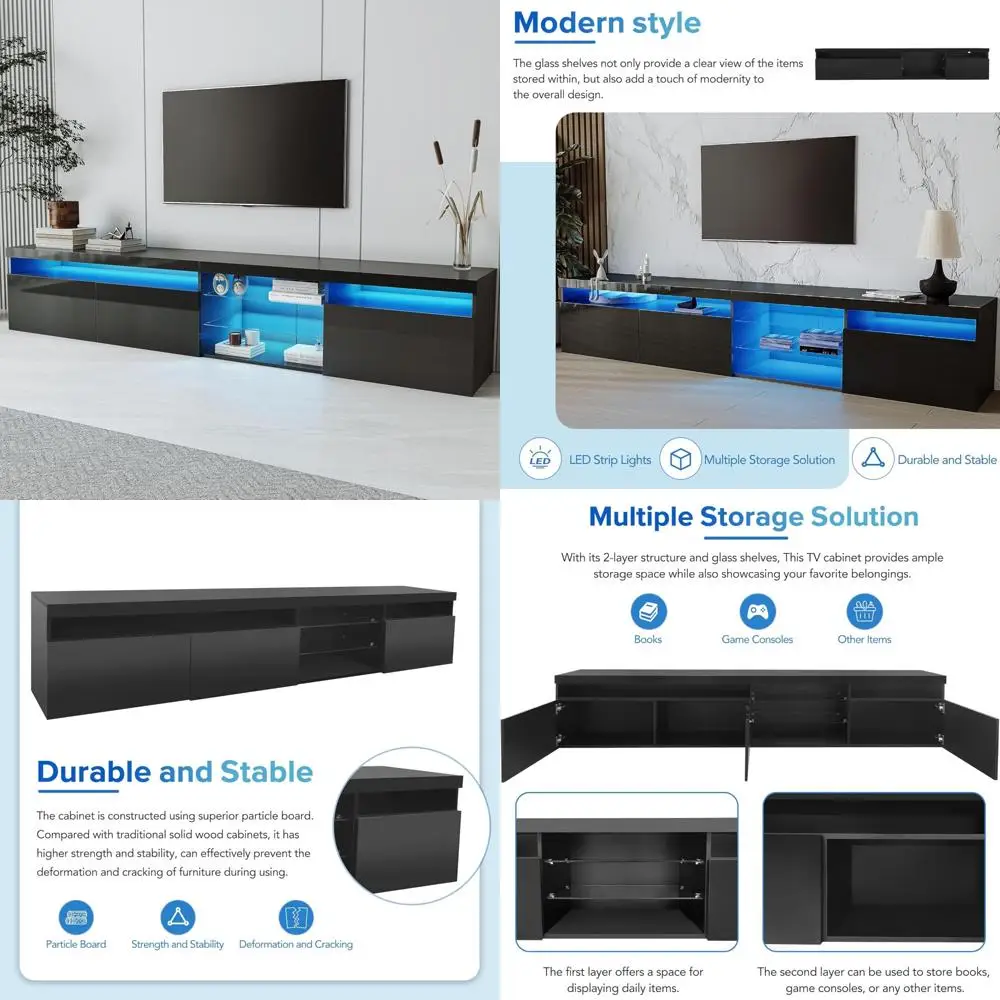 

LED-Illuminated TV Stand with 2 Glass Shelves, Modern Media Console for Entertainment Systems