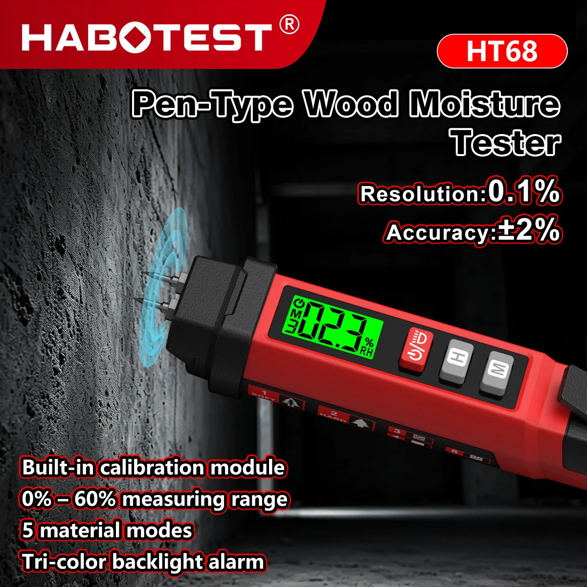 HT68 Pin Type Digital Wood Moisture Meter 0%－60% Dual‑electrode Sensor Wood Humidity Tester for Timber Firewood Concrete Brick