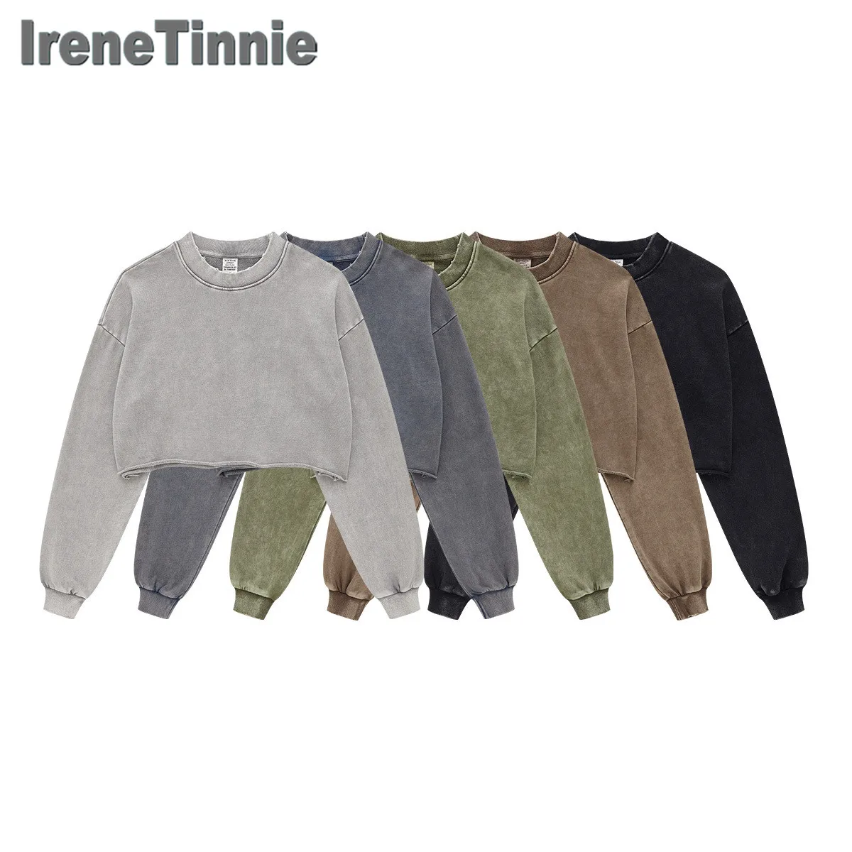 

IRENE TINNIE 2025 Autumn Winter Women's High-Waisted Cropped Slimming Solid Pullover Sweatshirt Round Neck Loose-Fit Sport Top