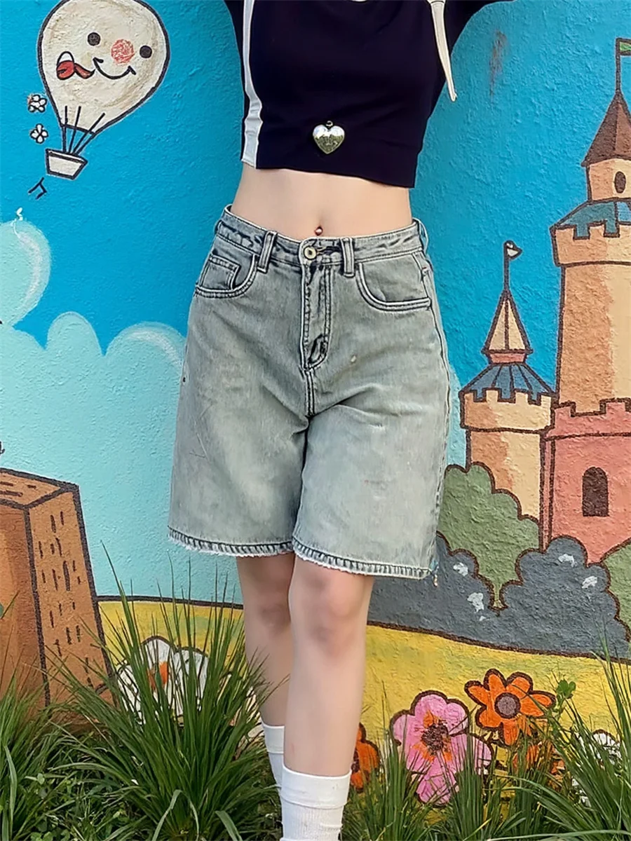 Pantaloncini da donna a vita alta vestibilità ampia streetwear Fine SLilo Culottes per bambini Personalità Colore giorno Costruisci rivettati