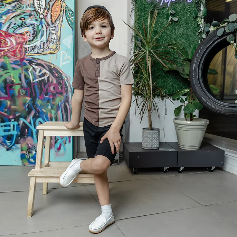 Brown Denim Colorblock Set Boys Shirt Round Neck Opening Asymmetrical Bottom Soft Material Kids T-Shirt Summer Short/Long Sleeve