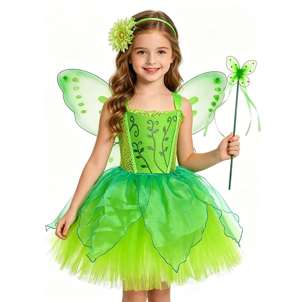 

Green Fairy Costumes for Girls Forest Elf Princess Dresses with Butterfly Wings Kids Christmas Halloween Outfit Birthday Gift
