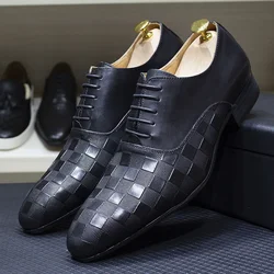 Luxury Italian Mens Oxford Shoes Fashion Plaid Print Genuine Leather Black White Lace Up Wedding Office Suit Dress Shoes for Men