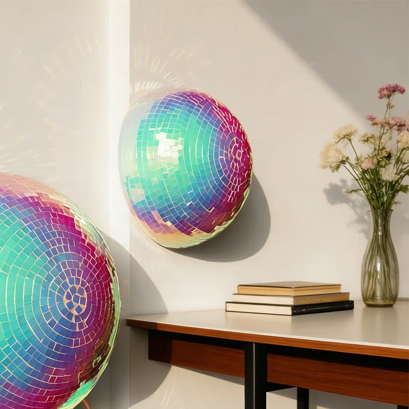 Iridescent Half Disco Ball Decor, Mirror Tiled Hemisphere for Wall/Table Display, Sparkly Rainbow Reflective Ball for Weddings