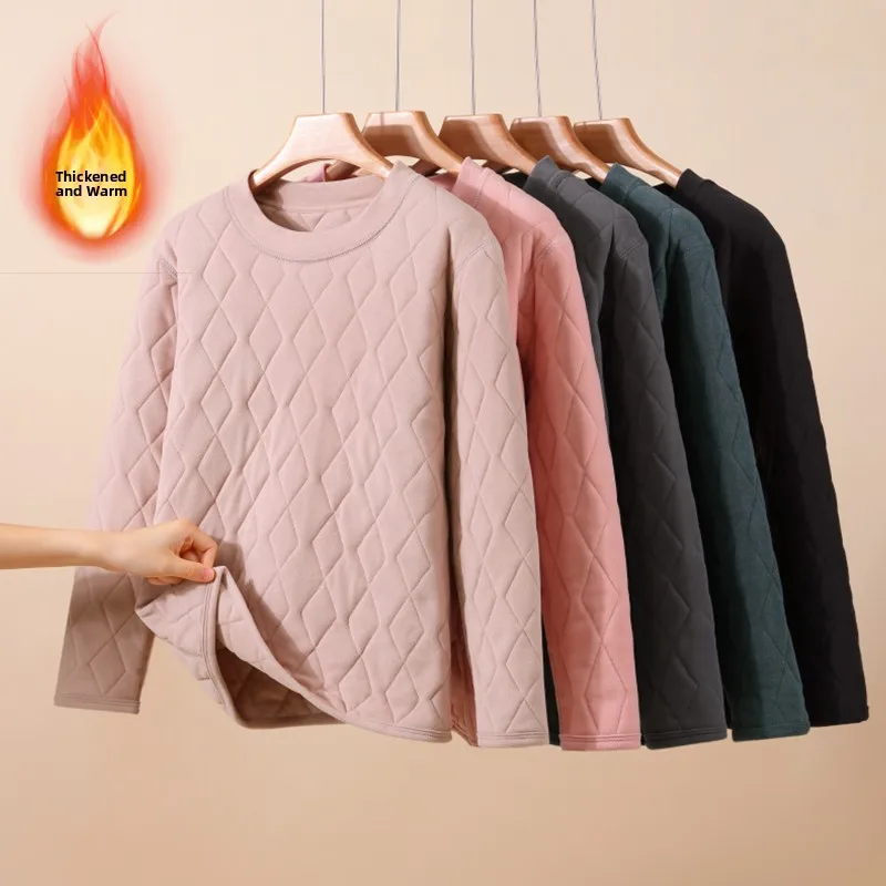 Women's Thickened Silk Cotton round Neck Base Shirt Winter Warm Top plus Size Cold Resistance Autumn Underwear Cotton Coat