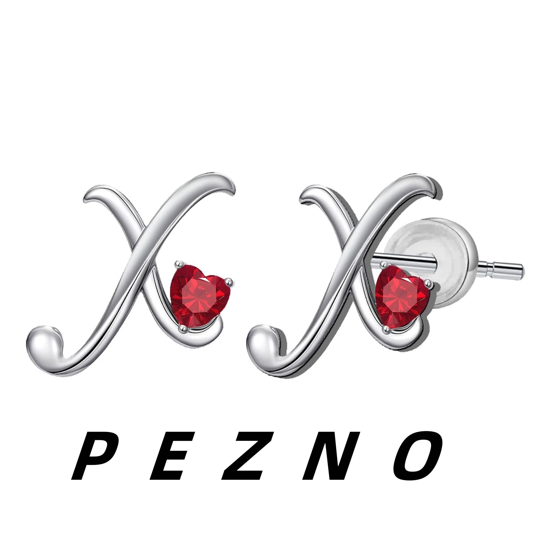 

925 Silver Needle Silver Initial X Stud Earrings, Hypoallergenic Red Heart Cubic Zirconia Dainty Letter for Women Daily Gift